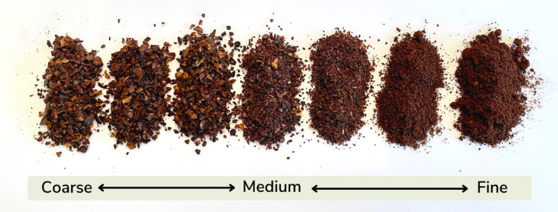 Different coffee grind sizes: fine, medium, coarse, prepared for export