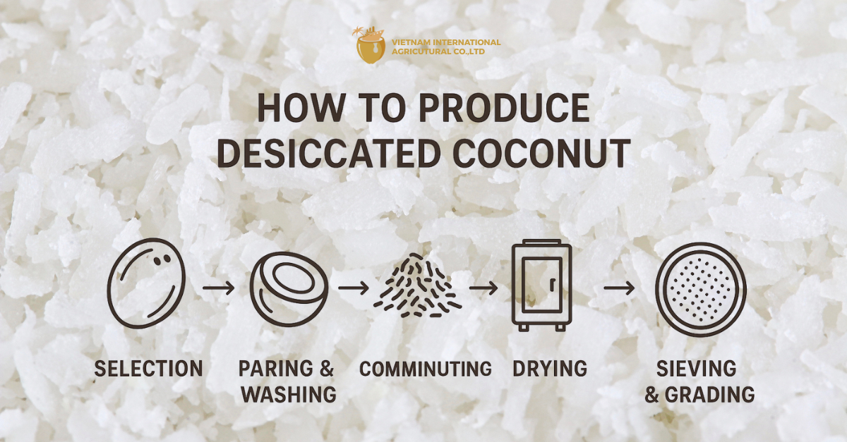 Flow chart showing how to make coconut powder from selection to packaging.