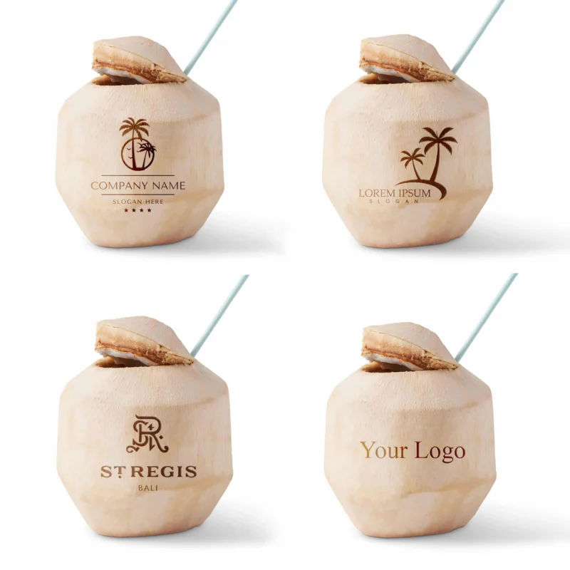 laser-engraved coconut with custom logo on diamond cut coconut